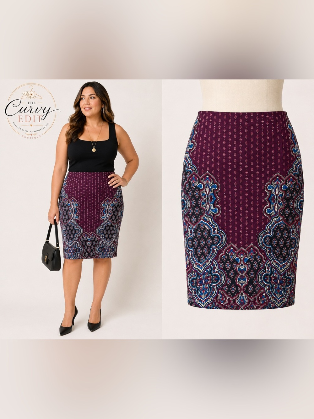 Alex Marie Size 12 Burgundy Paisley Border Print Pencil Skirt Boho Career Chic